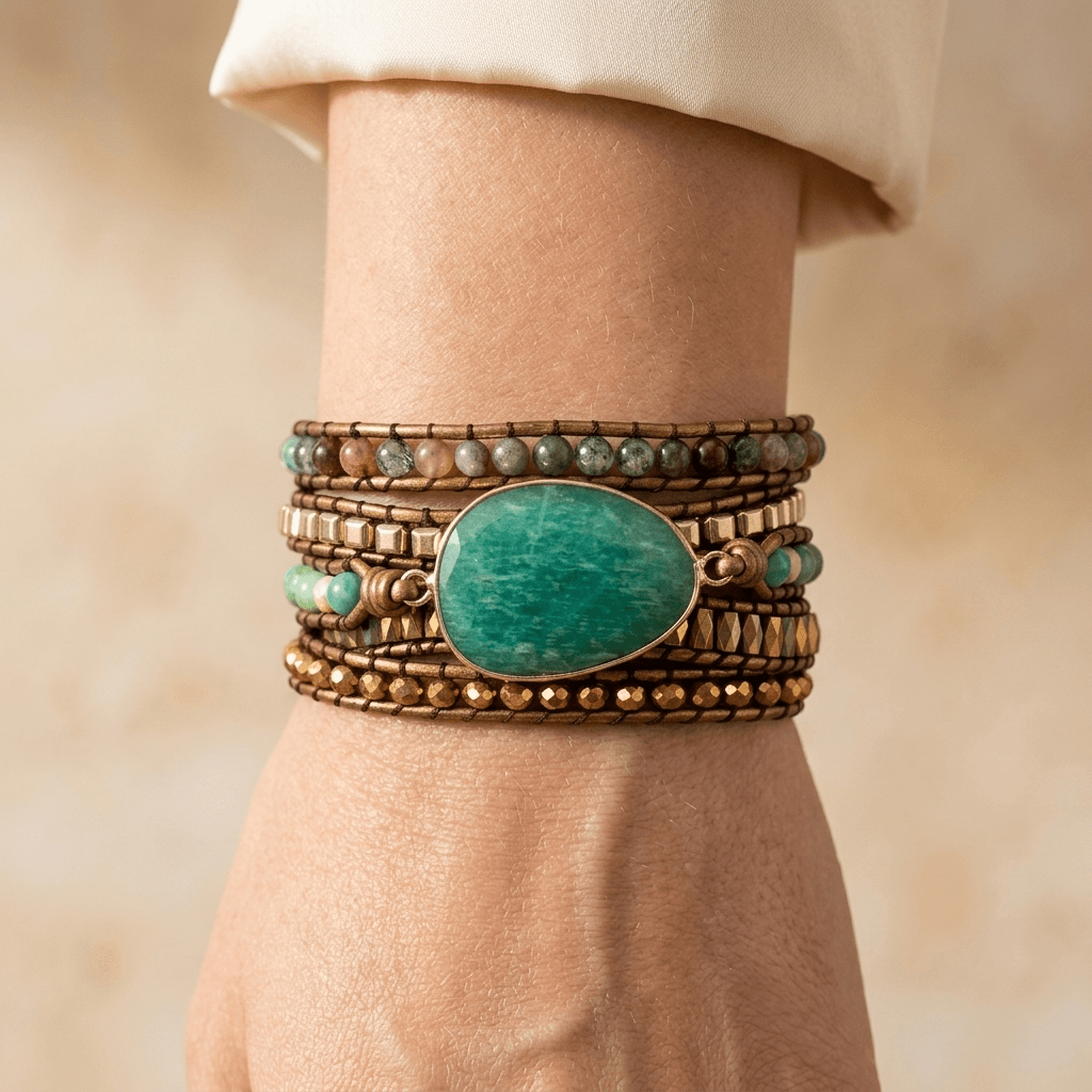Green Aventurine Beaded Leather Wrap Bracelet