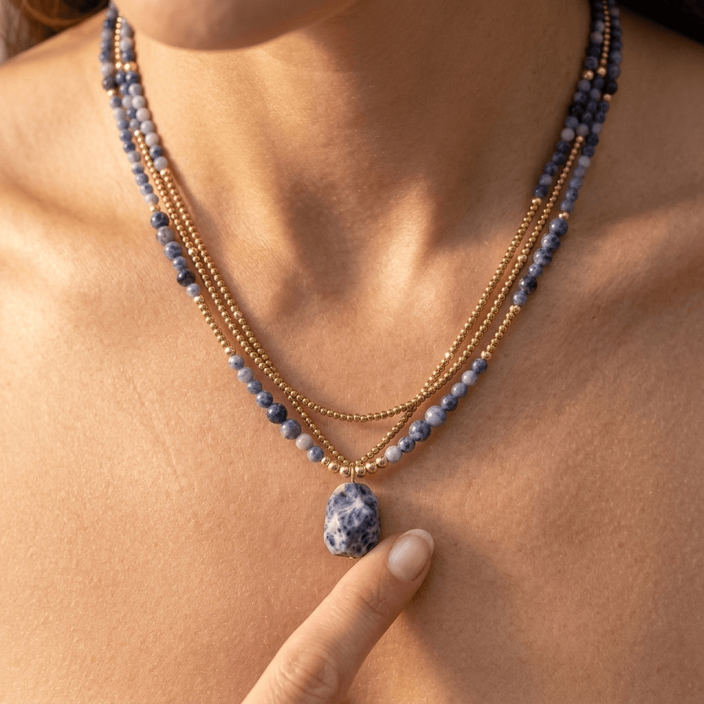 Blue Sodalite Gold Beaded Layered Necklace