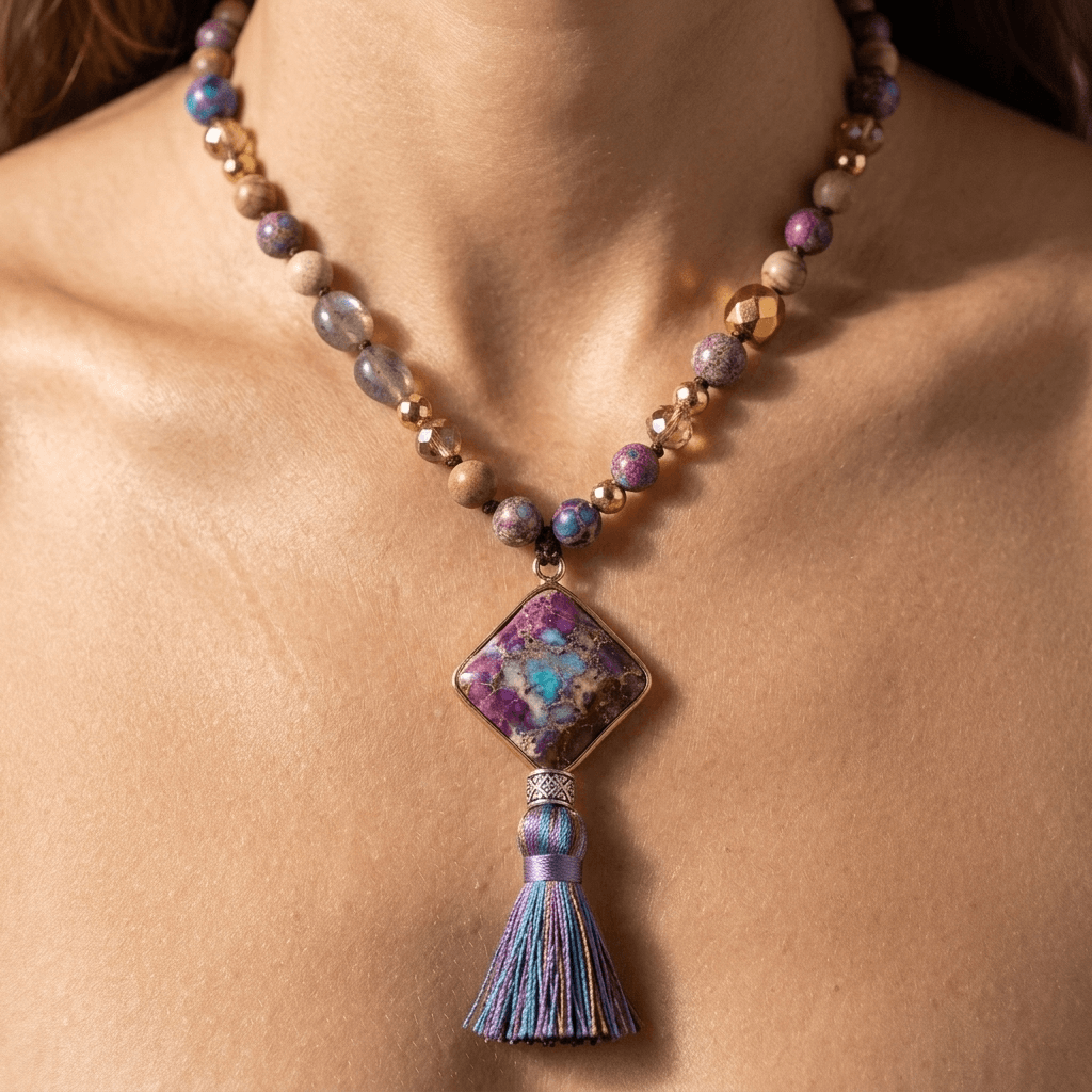 Handmade Purple Jasper Diamond Tassel Necklace