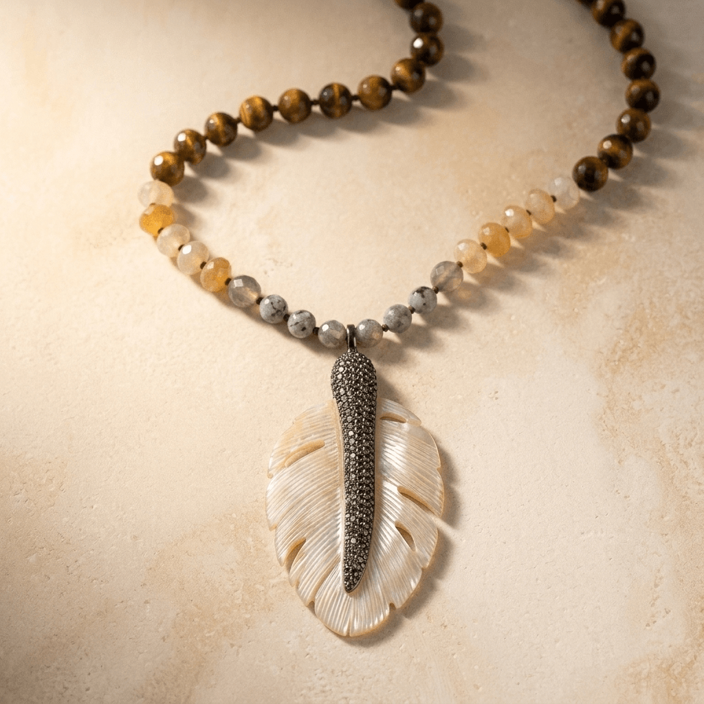 Boho Multistone Seashell Leaf Pendant Necklace