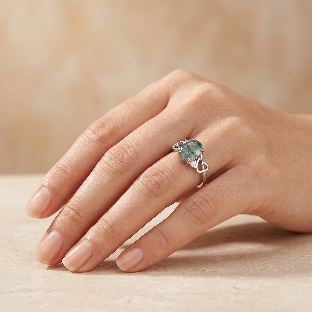 Natural Moss Agate Silver Infinity Ring