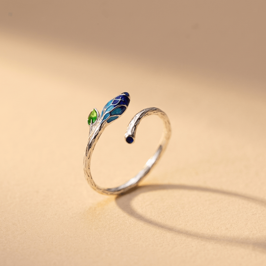 Silver Blue Flower Leaf Open Ring
