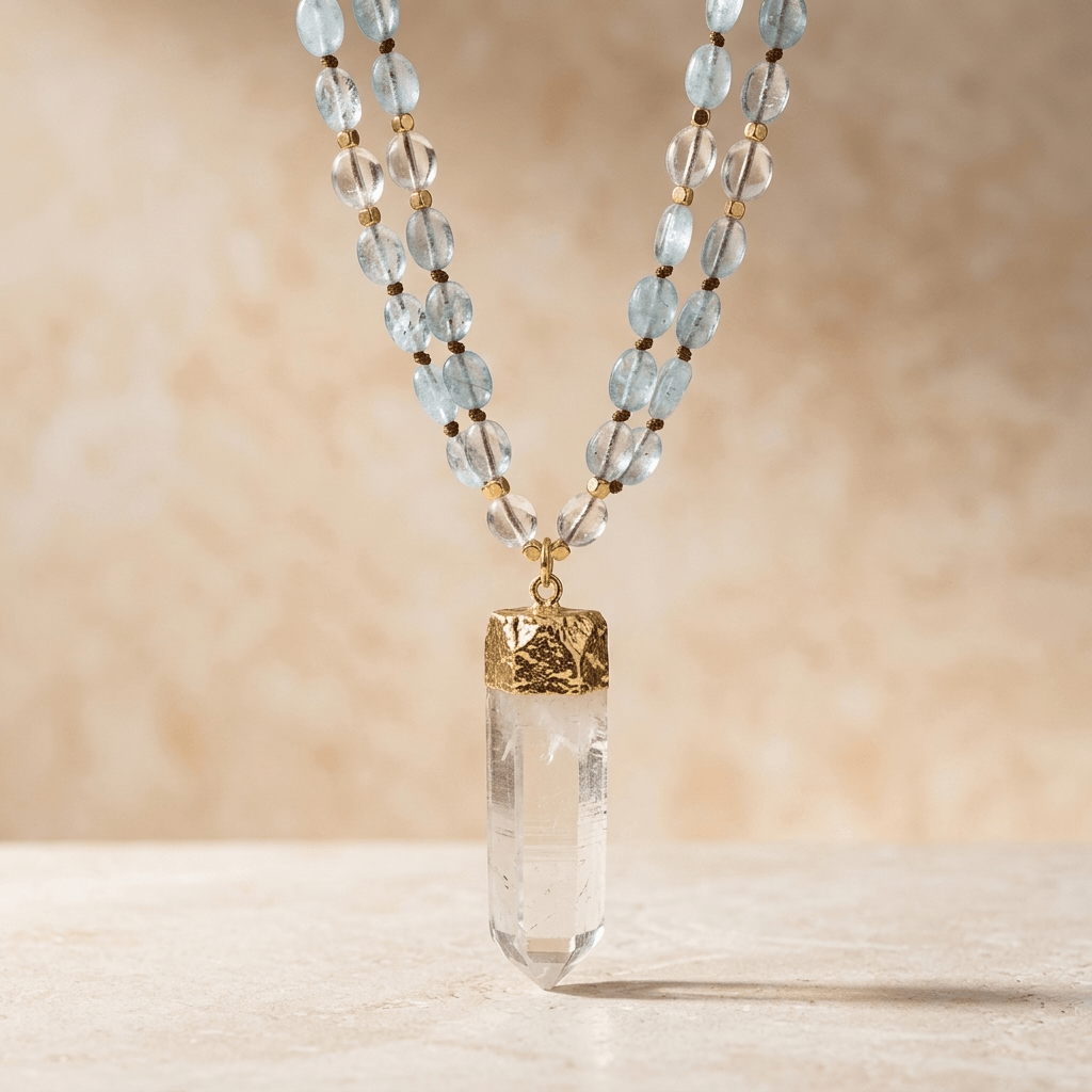Natural Aquamarine Clear Quartz Point Necklace