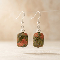 Natural Unakite Square Silver Drop Earrings