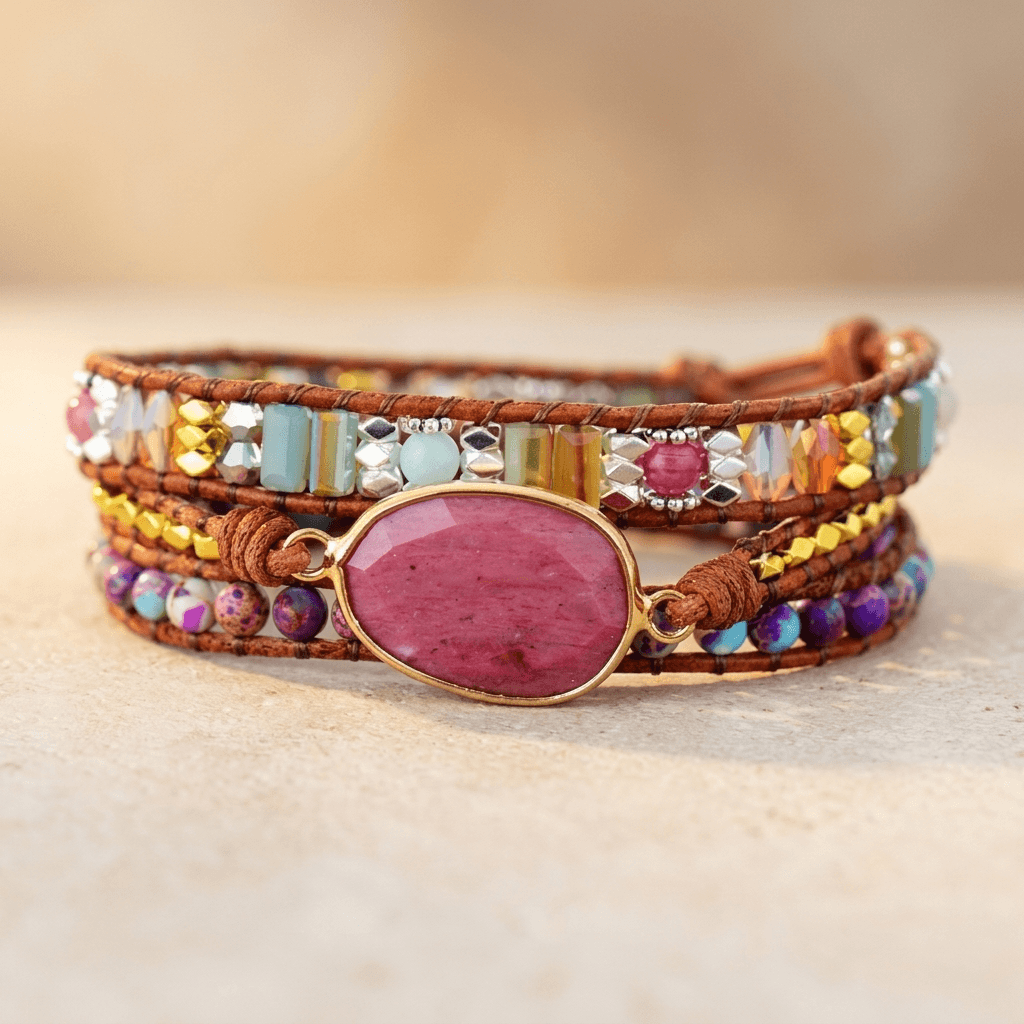 Boho Leather Wrap Bracelet Pink Stone