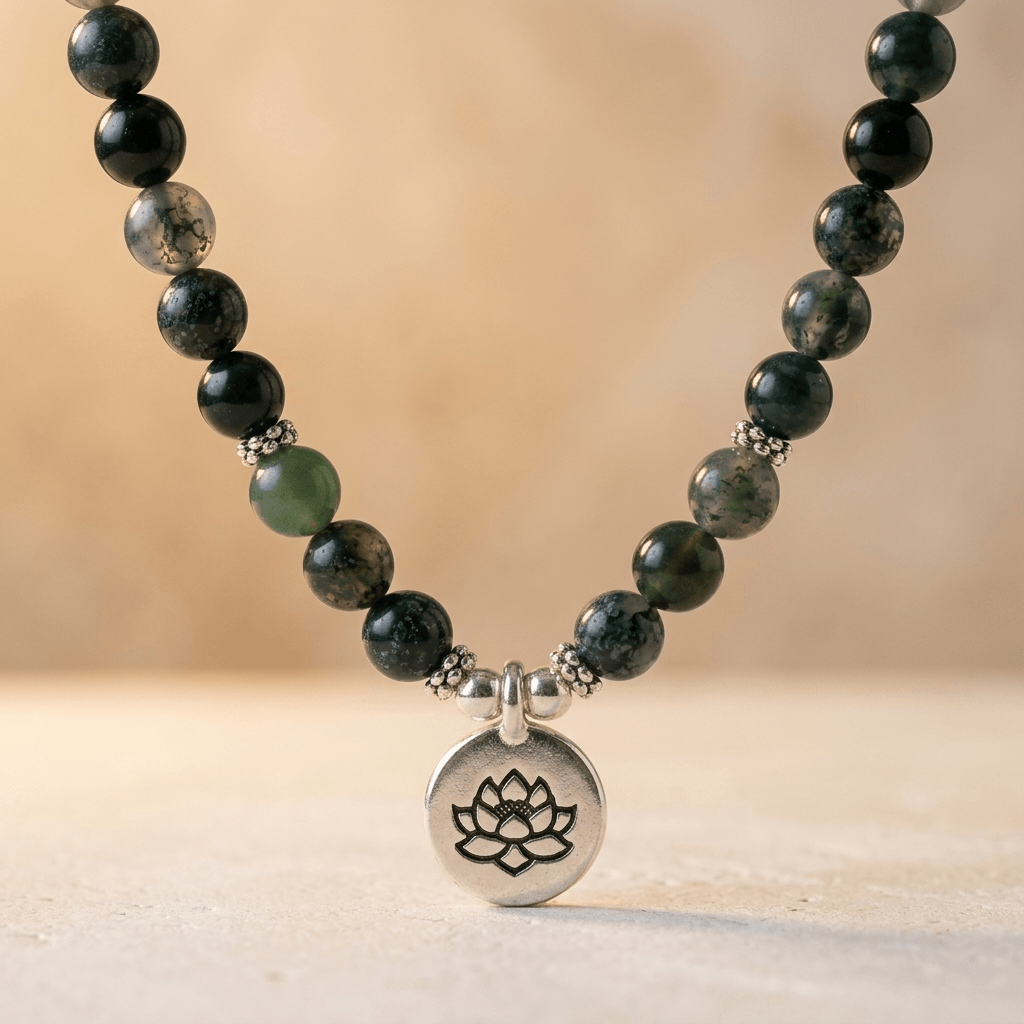 Green Moss Agate Stone Lotus Pendant Necklace