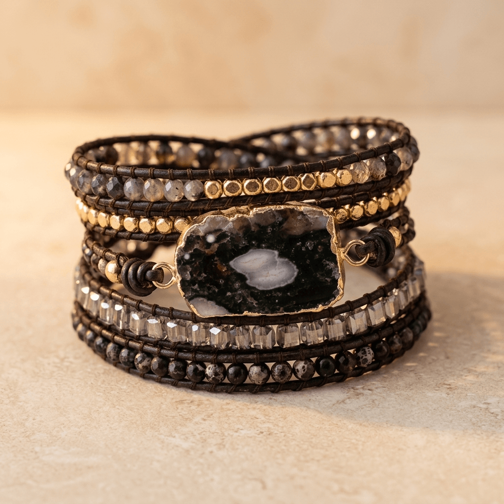 Dark Agate Gold Beaded Wrap Bracelet