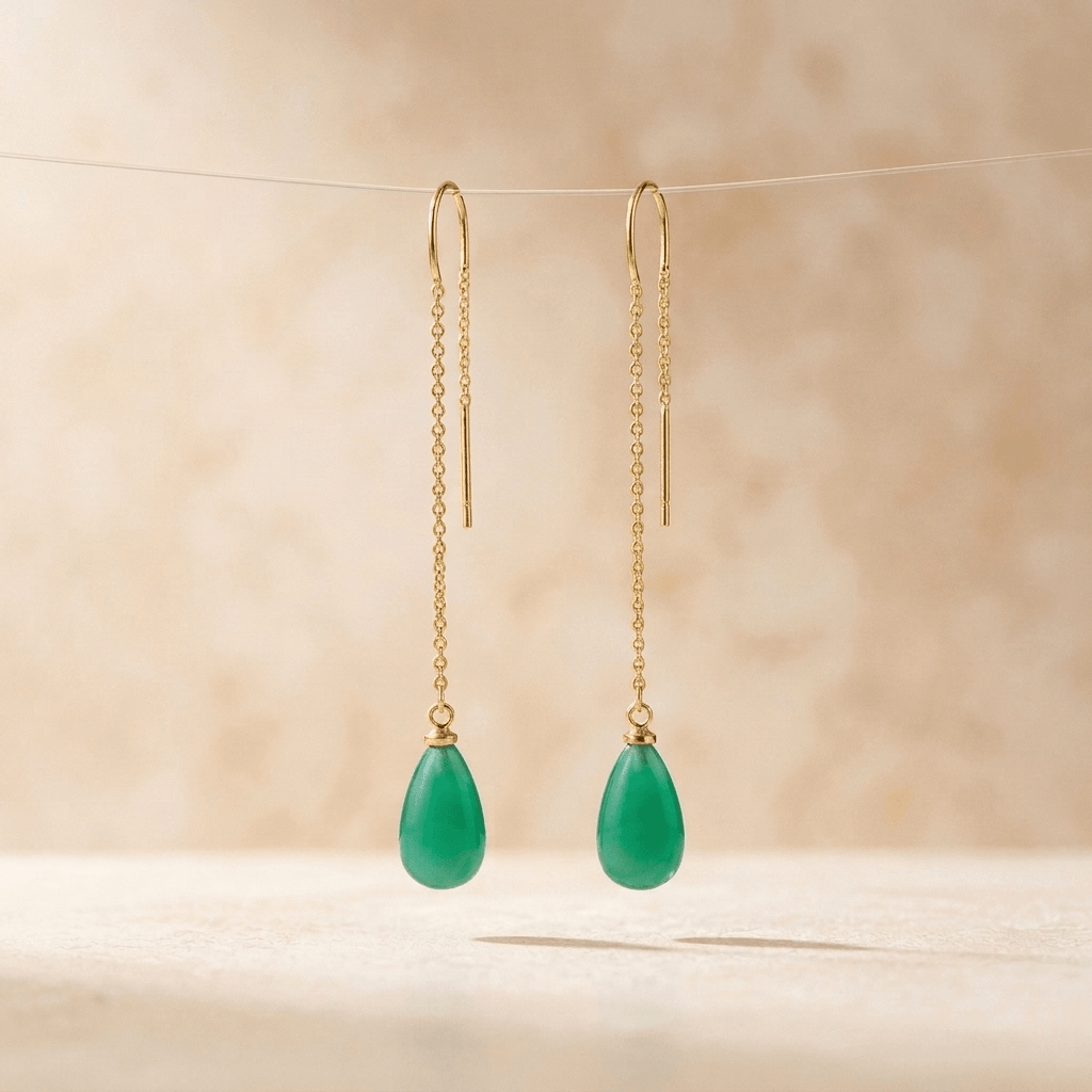 Green Onyx Gold Teardrop Thread Earrings