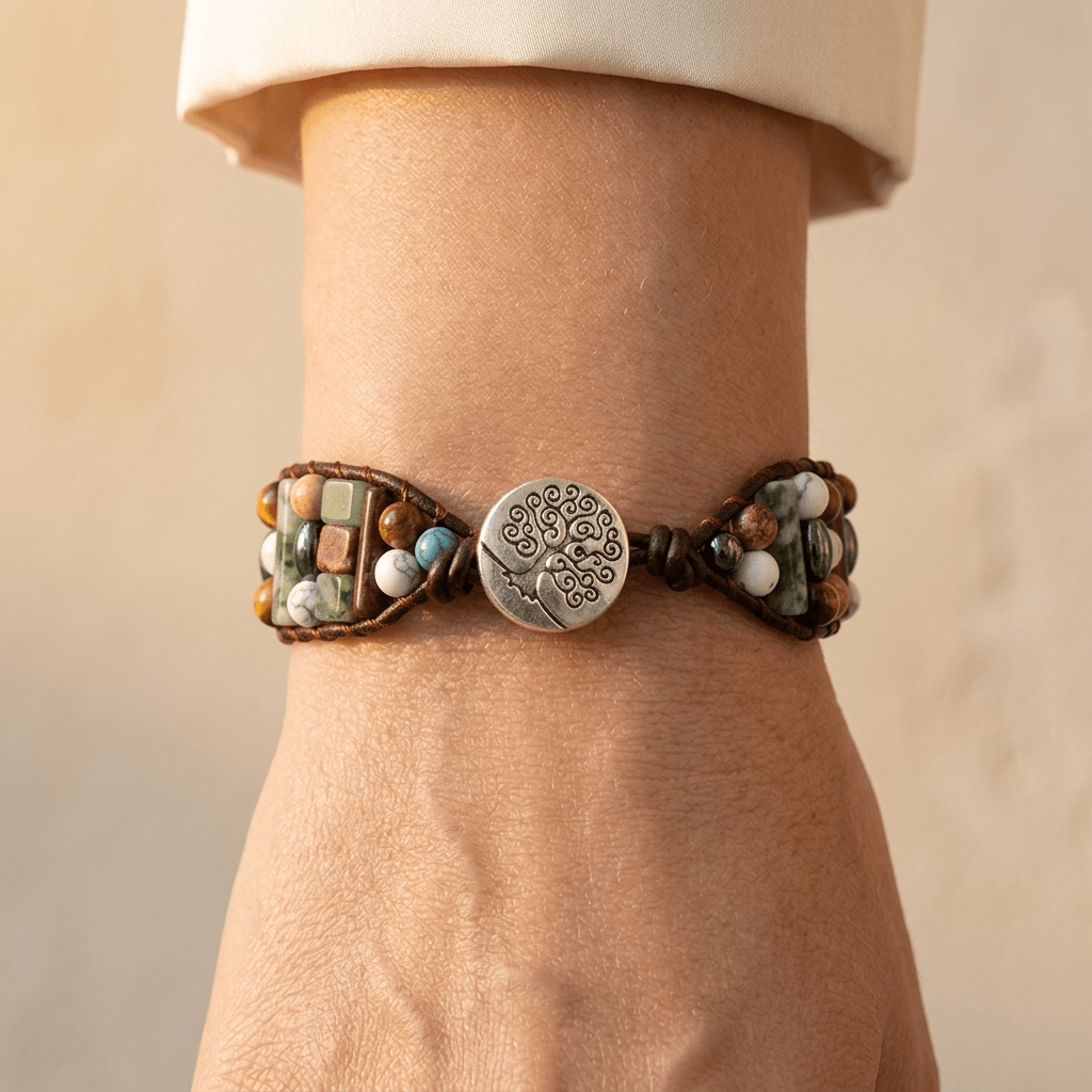 Natural Stone Leather Wrap Tree Bracelet