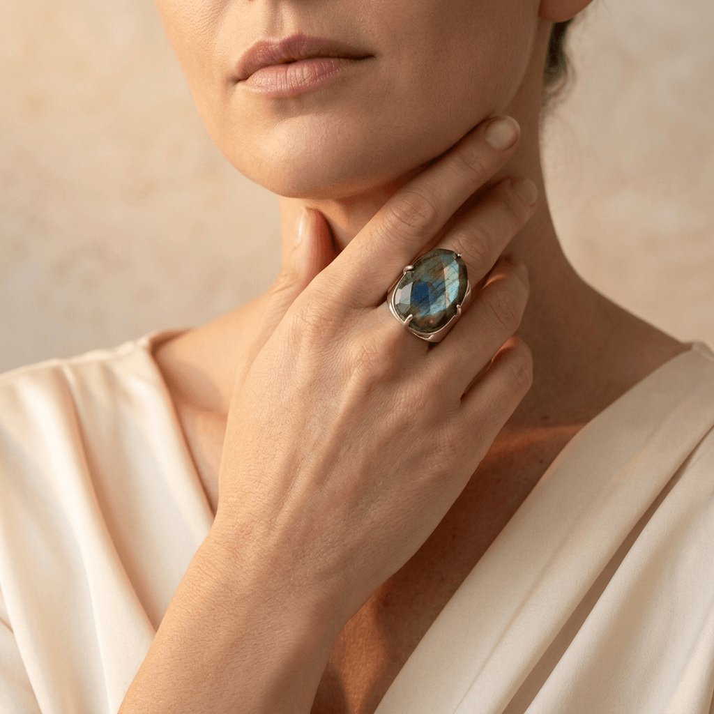 Natural Labradorite Silver Oval Ring