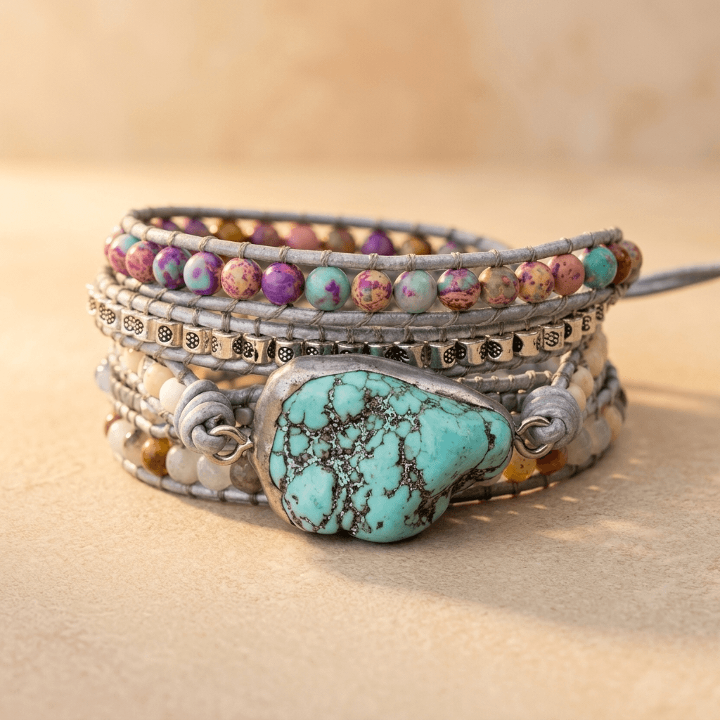 Boho Turquoise Silver Leather Wrap Bracelet