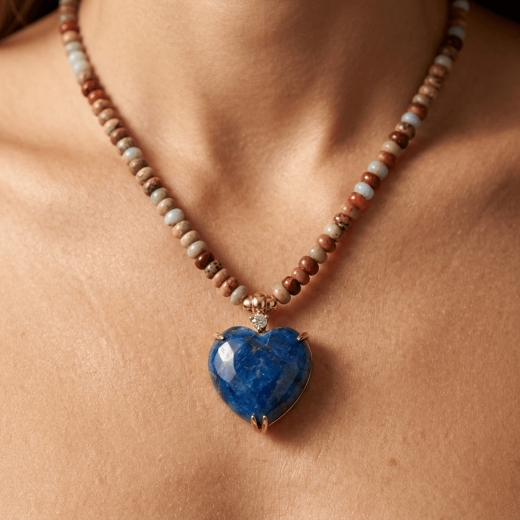 Blue Lapis Heart Gold Beaded Necklace