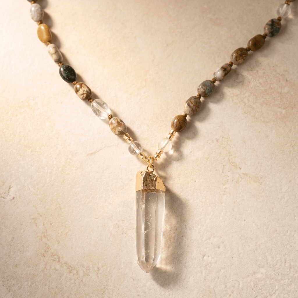 Natural Ocean Jasper Gold Clear Quartz Pendant Necklace