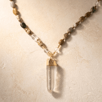 Natural Ocean Jasper Gold Clear Quartz Pendant Necklace