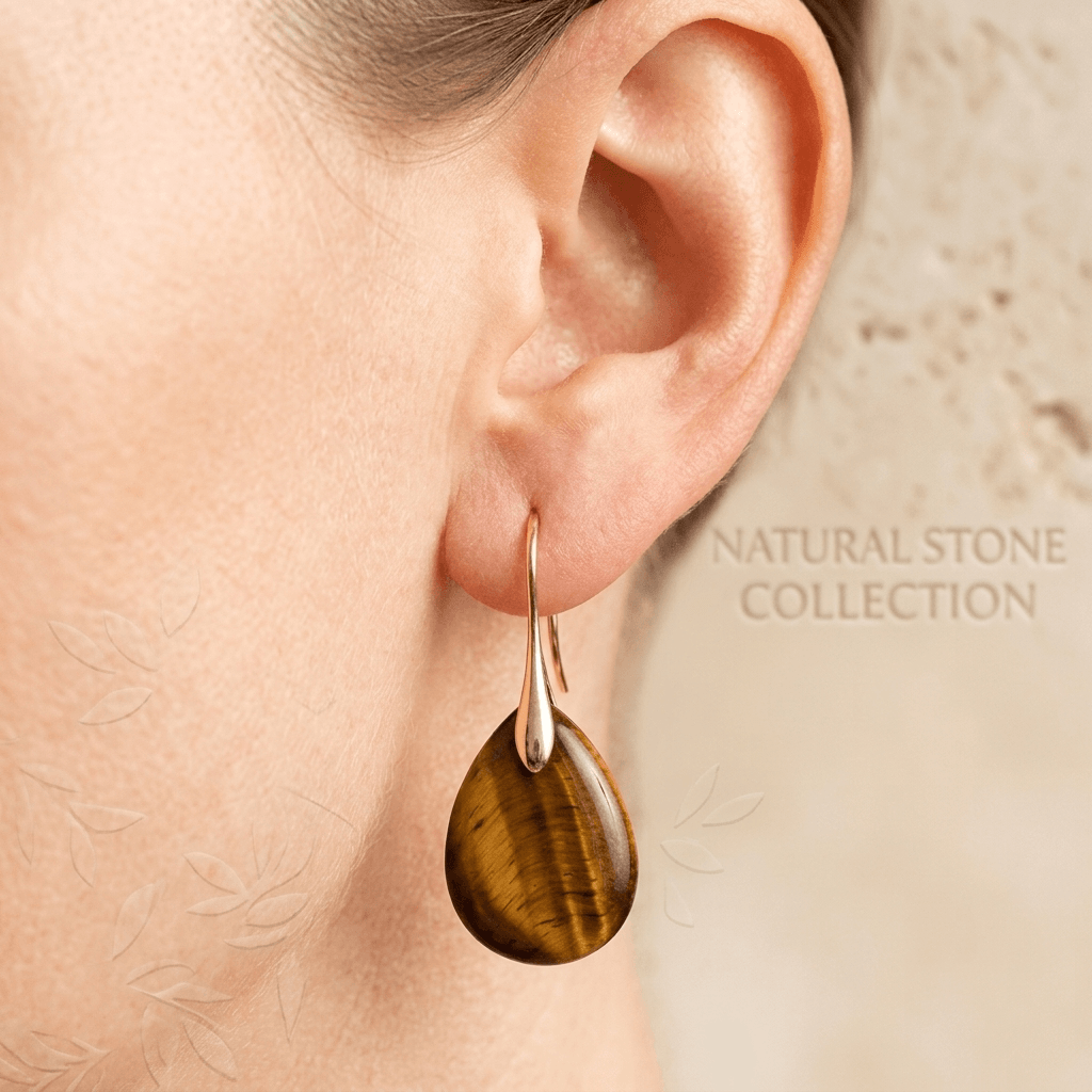 Natural Tiger Eye Gold Teardrop Earrings