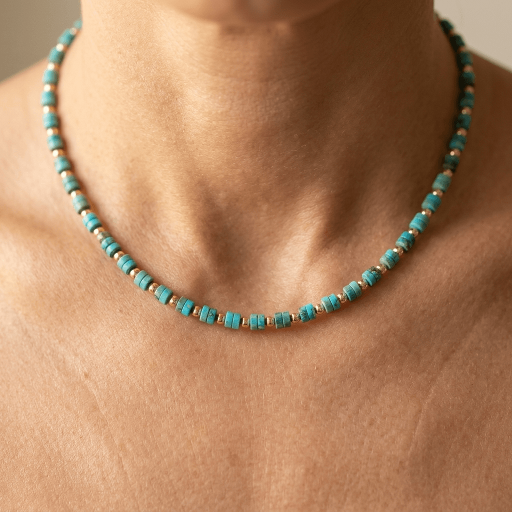 Turquoise Gold Beaded Oval Pendant Necklace