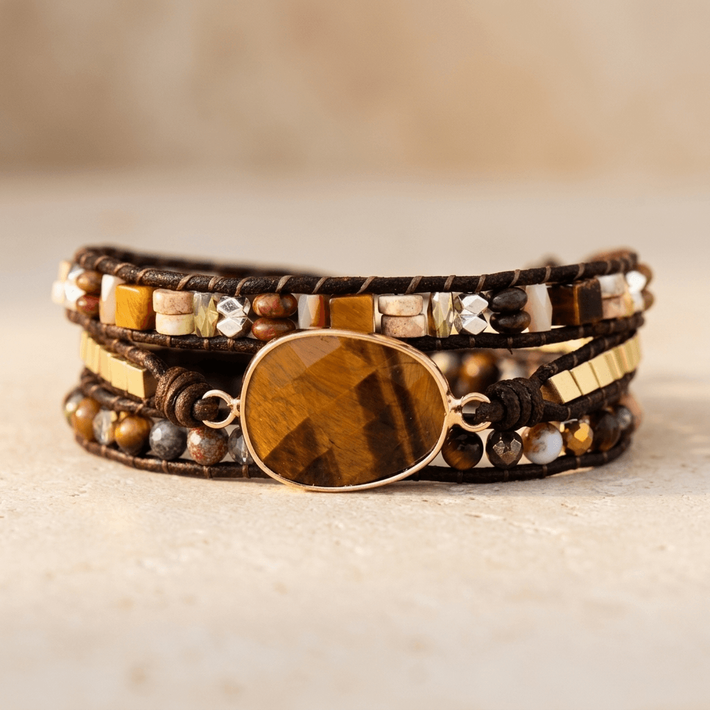 Tiger Eye Natural Stone Gold Wrap Bracelet