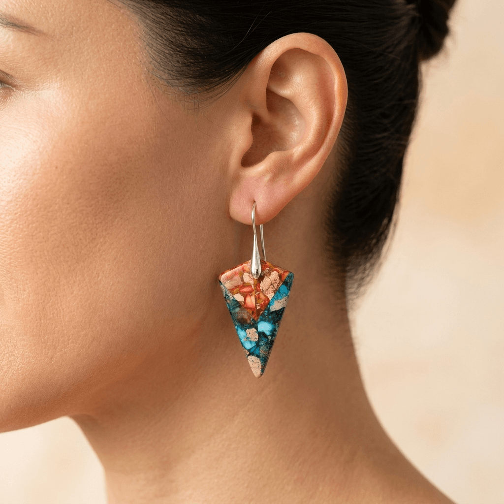 Vibrant Blue Orange Jasper Triangle Earrings