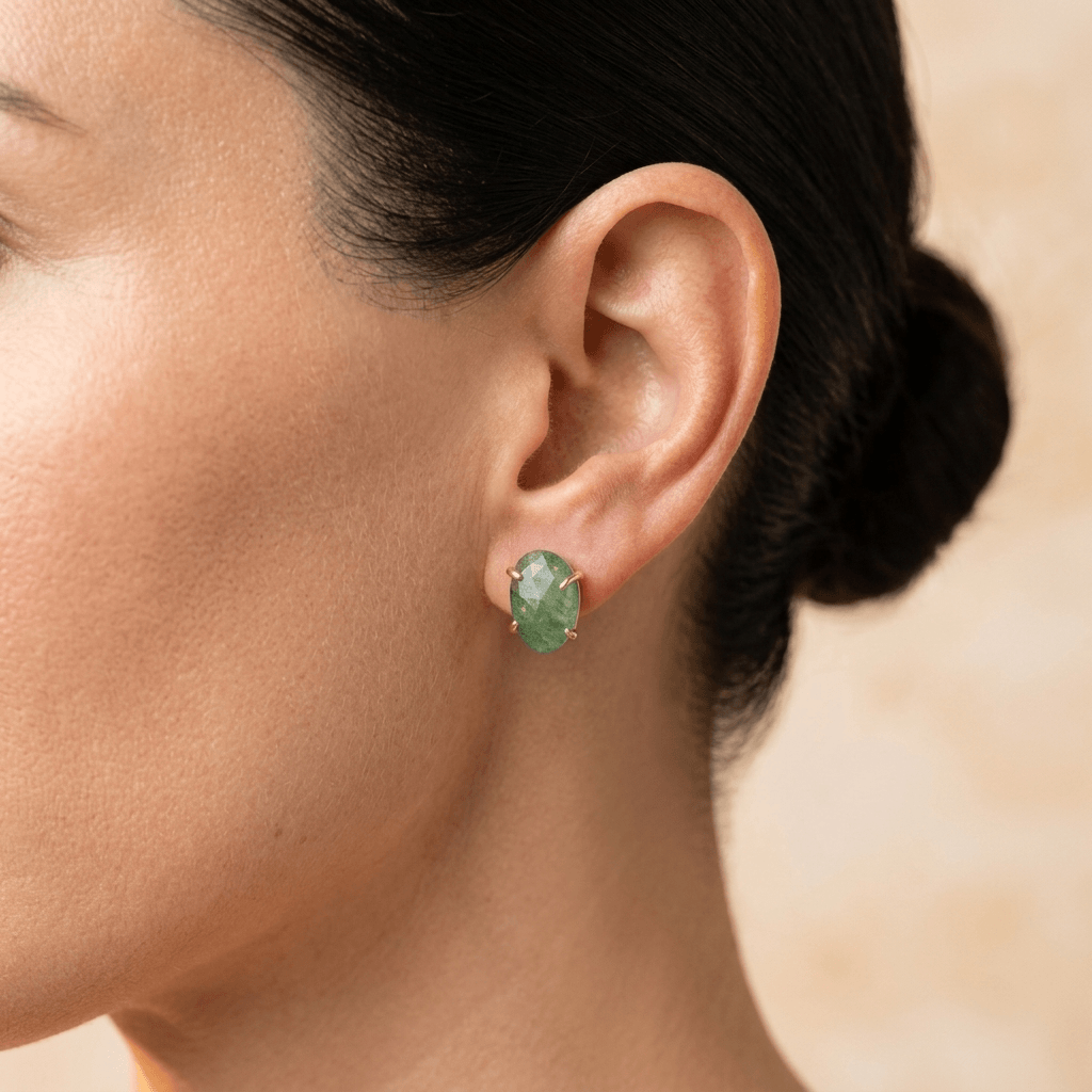 Green Aventurine Gold Oval Stud Earrings