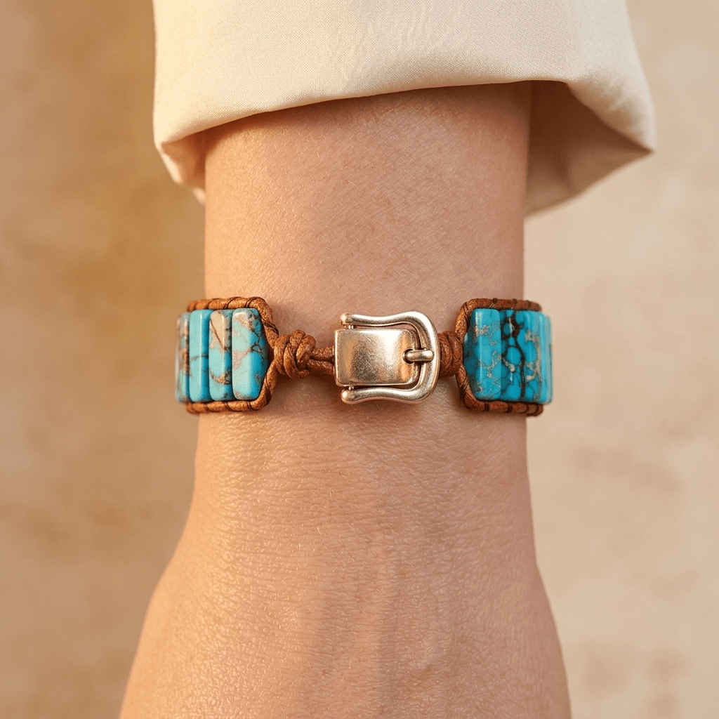 Turquoise Stone Silver Square Boho Bracelet