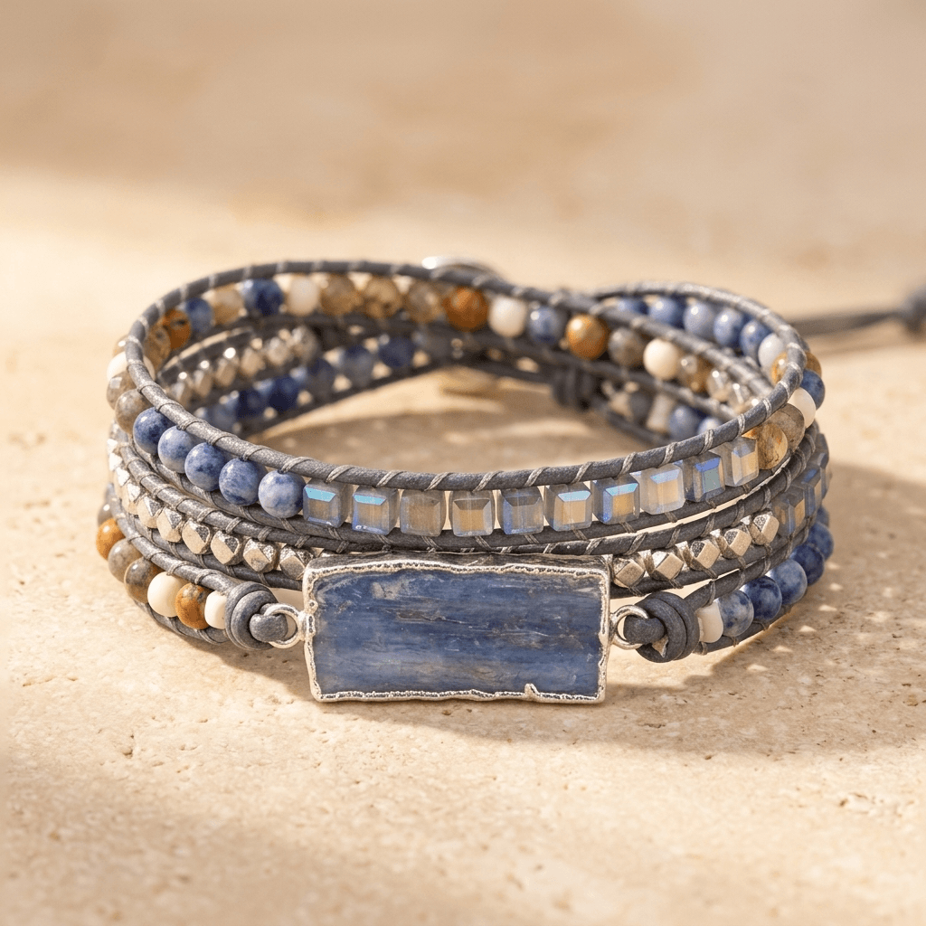 Natural Blue Sodalite Gemstone Leather Wrap Bracelet