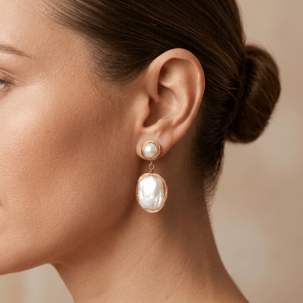 Gold Wire Wrapped Pearl Drop Earrings
