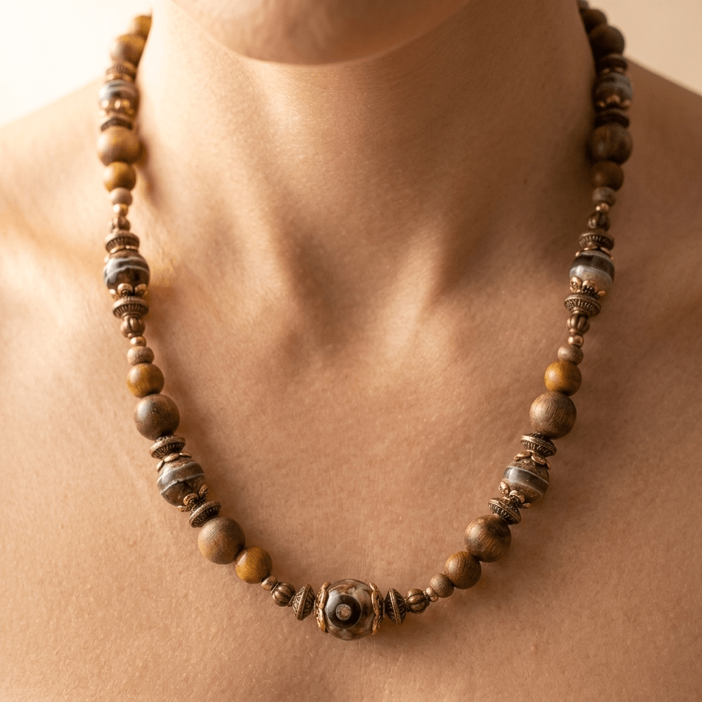 Natural Wood Onyx Striped Beaded Necklace