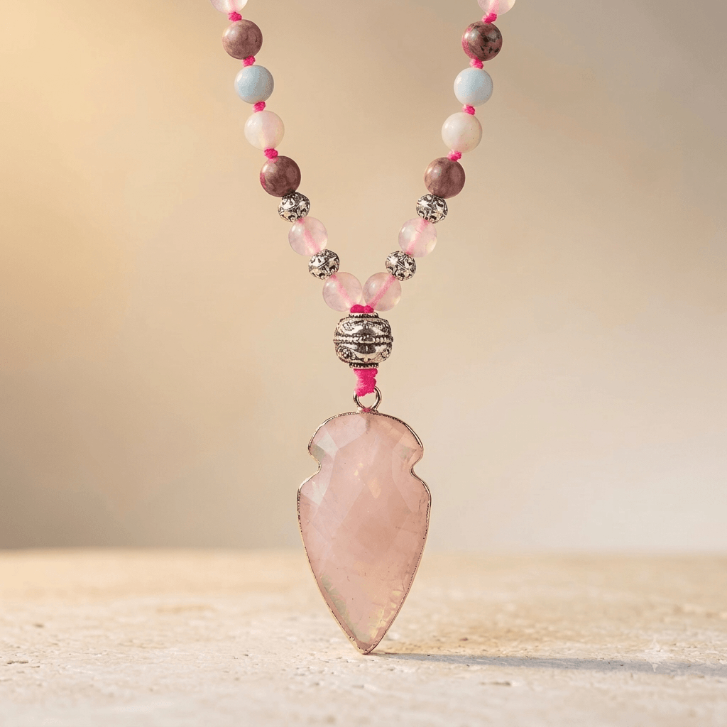 Natural Rose Quartz Arrowhead Beaded Necklace