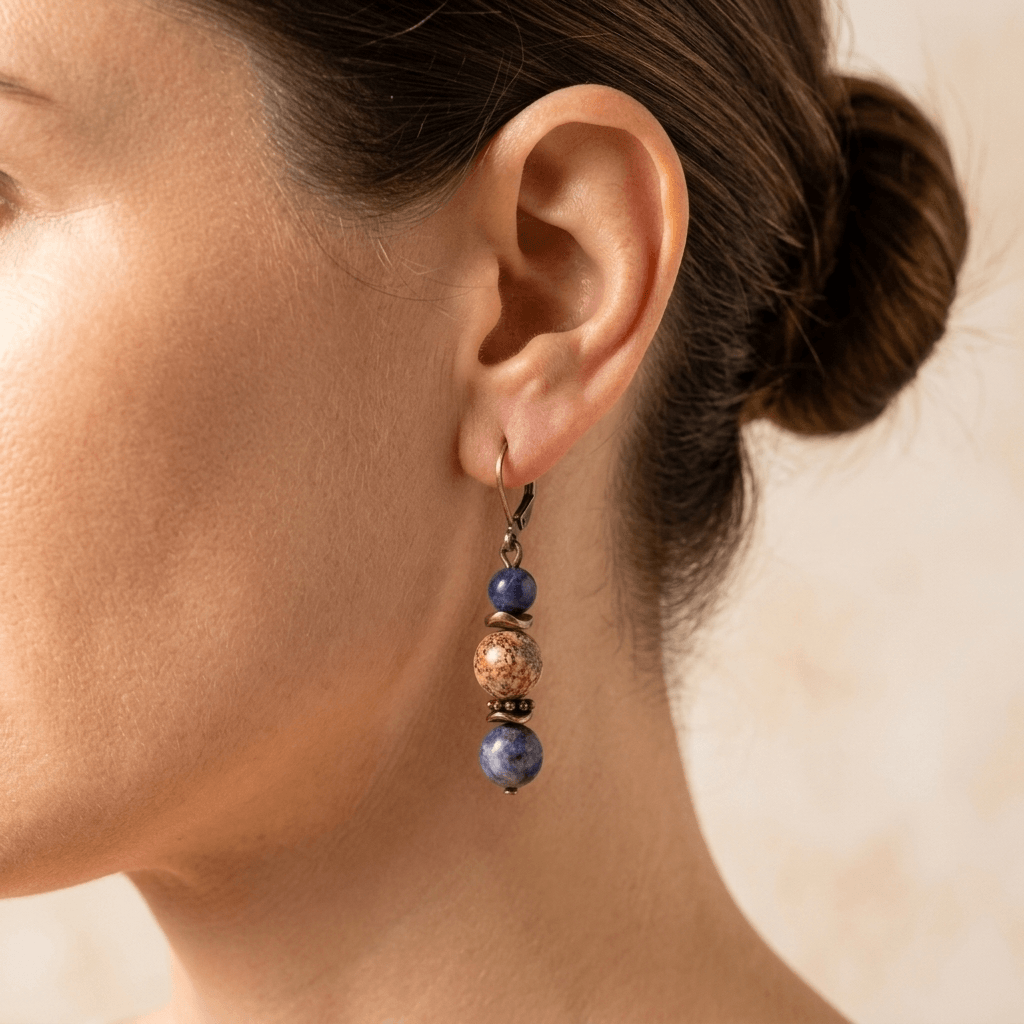 Natural Sodalite Jasper Bronze Drop Earrings