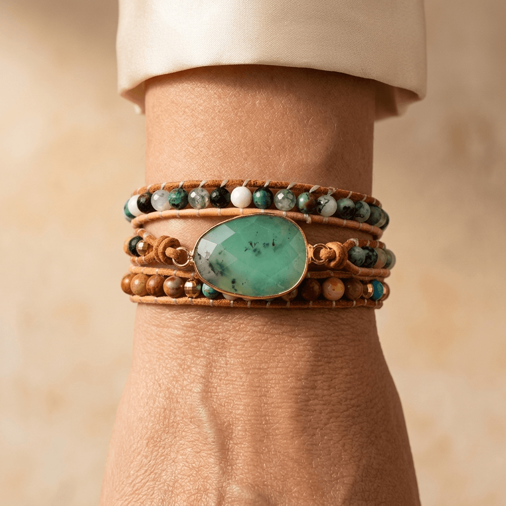 Green Jade Leather Wrap Bracelet