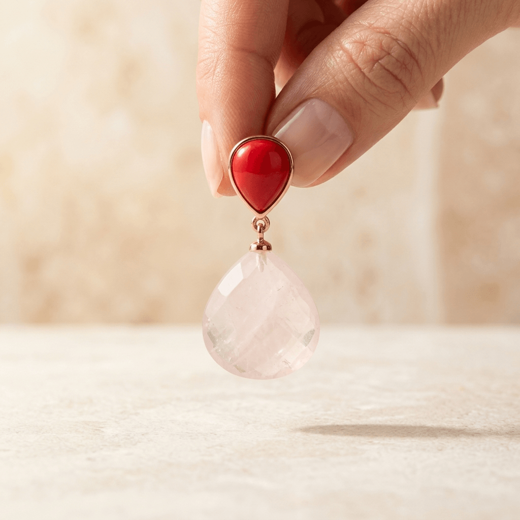 Rose Quartz Red Gemstone Rose Gold Drop Earrings