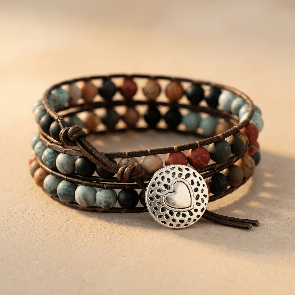 Natural Stone Leather Wrap Heart Bracelet