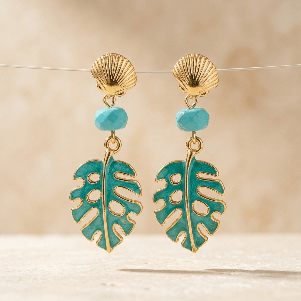 Tropical Gold Turquoise Leaf Drop Earrings