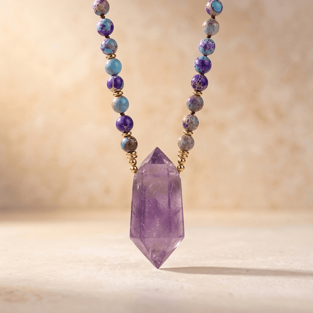 Purple Amethyst Gold Beaded Point Pendant Necklace