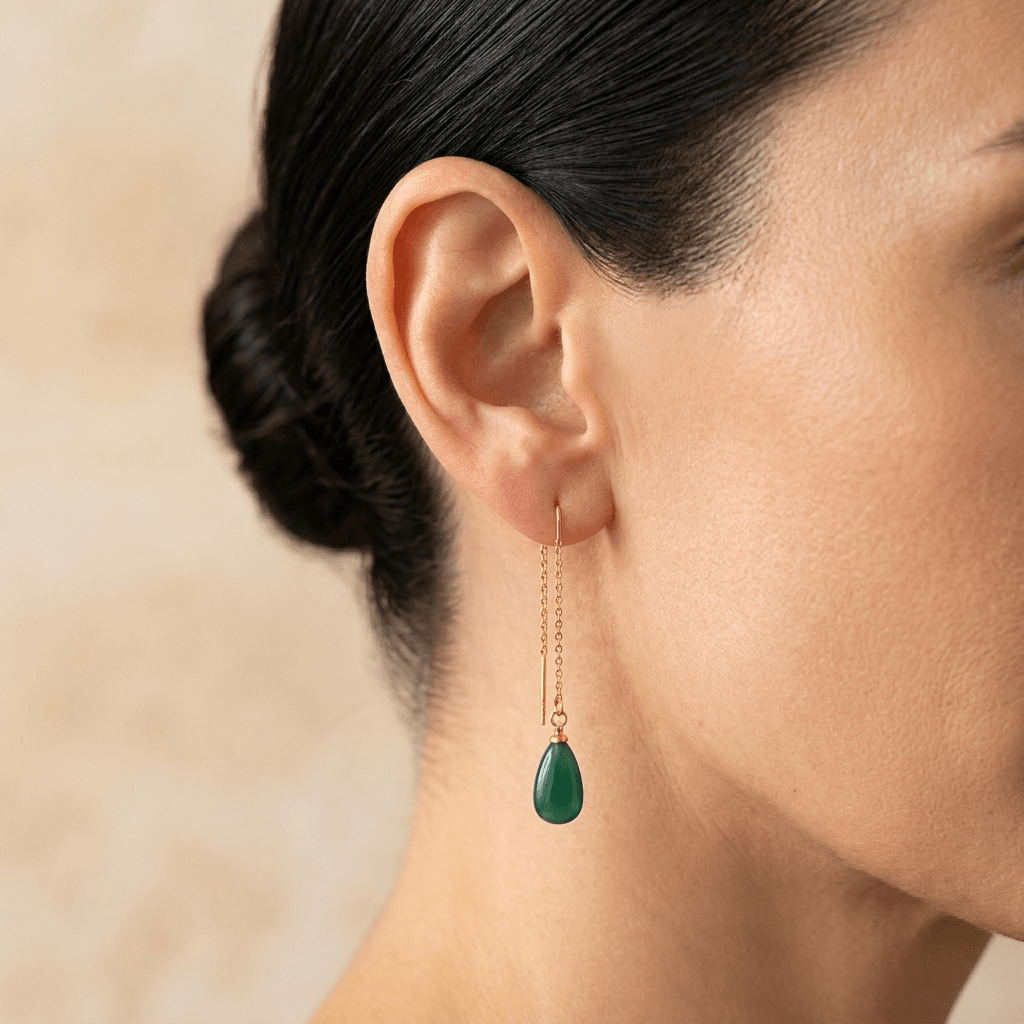 Green Onyx Gold Teardrop Thread Earrings