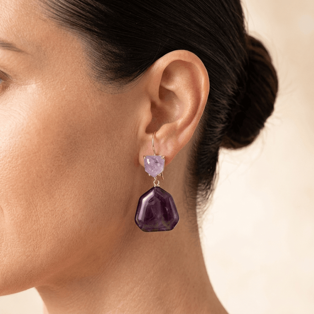 Natural Purple Amethyst Rose Gold Drop Earrings