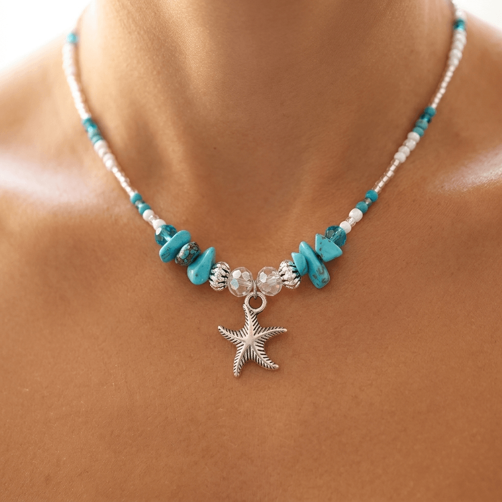 Turquoise Starfish Silver Charm Beaded Necklace