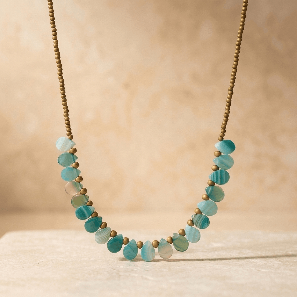 Green Onyx Brass Beaded Long Necklace