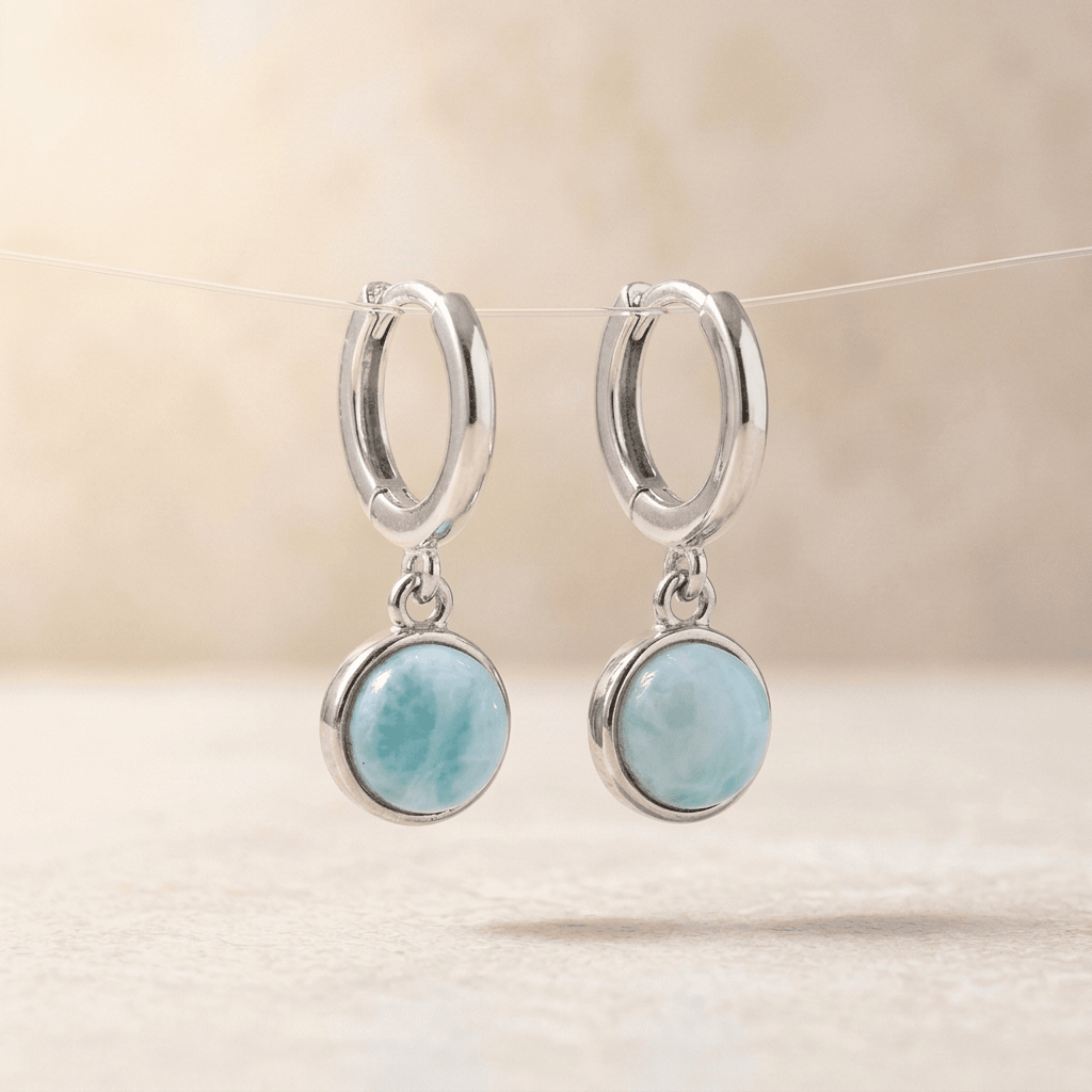 Silver Larimar Round Drop Hoop Earrings