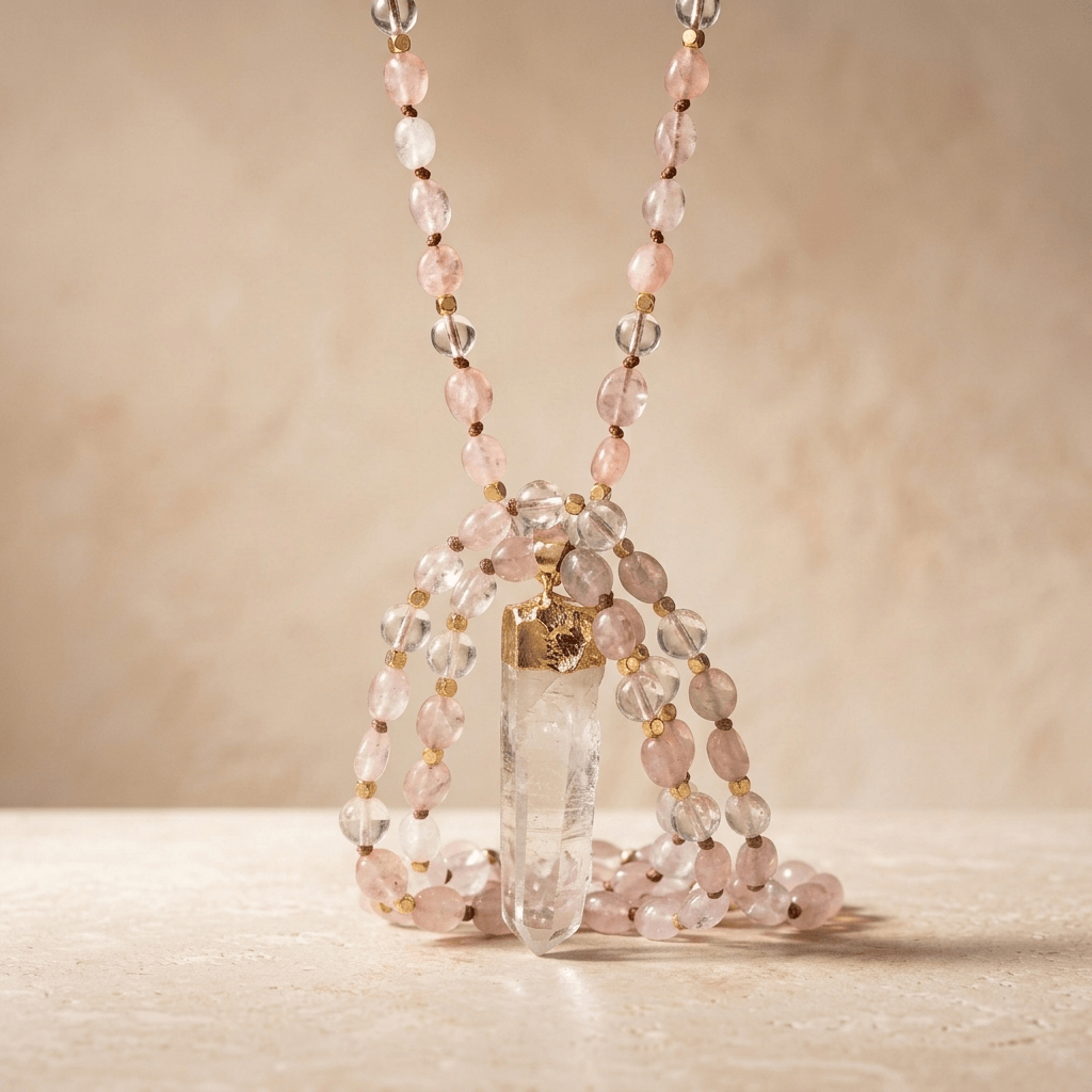 Rose Quartz Clear Quartz Gold Pendant Necklace