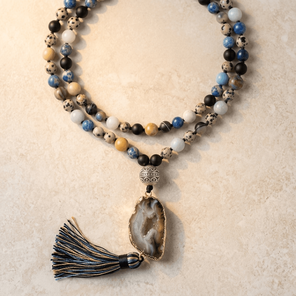 Natural Agate Druzy Mixed Gemstone Tassel Necklace