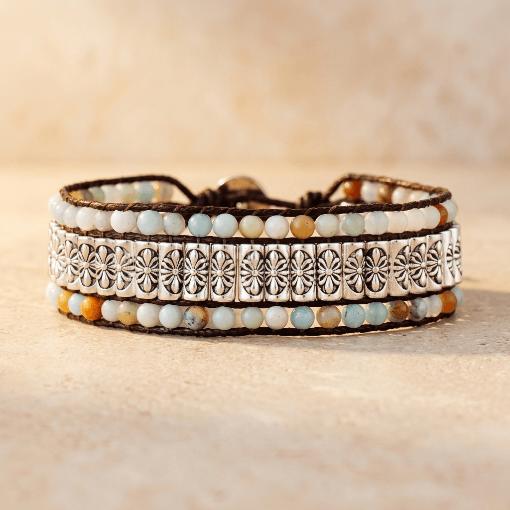 Natural Amazonite Tibetan Silver Bead Wrap Bracelet
