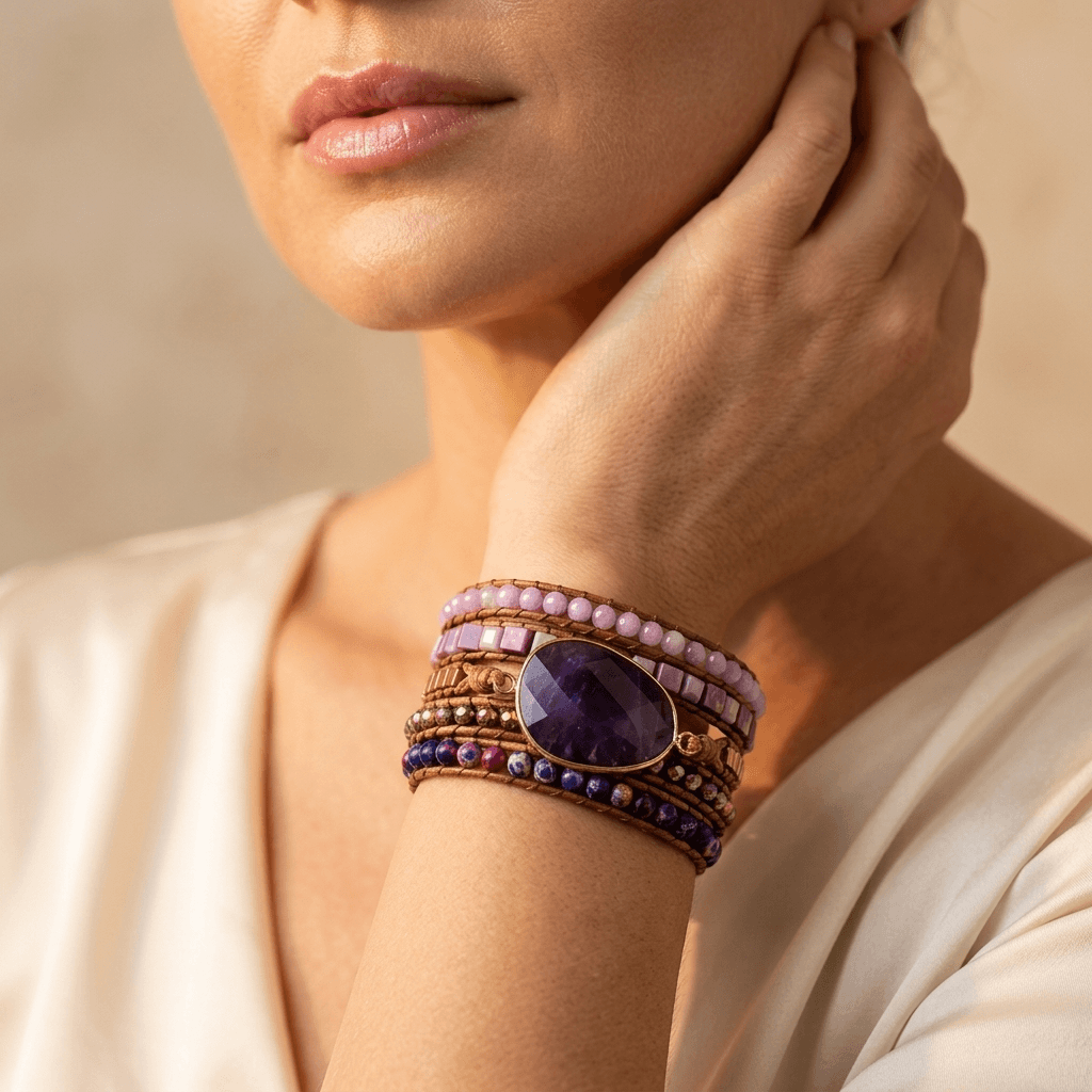 Purple Amethyst Leather Wrap Bracelet