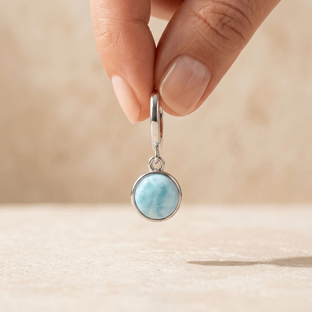 Silver Larimar Round Drop Hoop Earrings