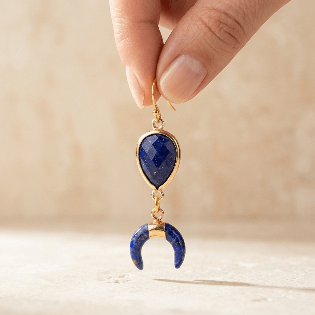 Natural Lapis Lazuli Gold Crescent Horn Earrings