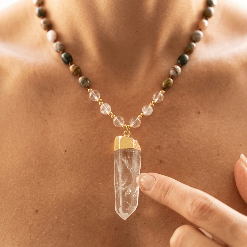 Natural Ocean Jasper Gold Clear Quartz Pendant Necklace
