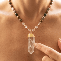Natural Ocean Jasper Gold Clear Quartz Pendant Necklace