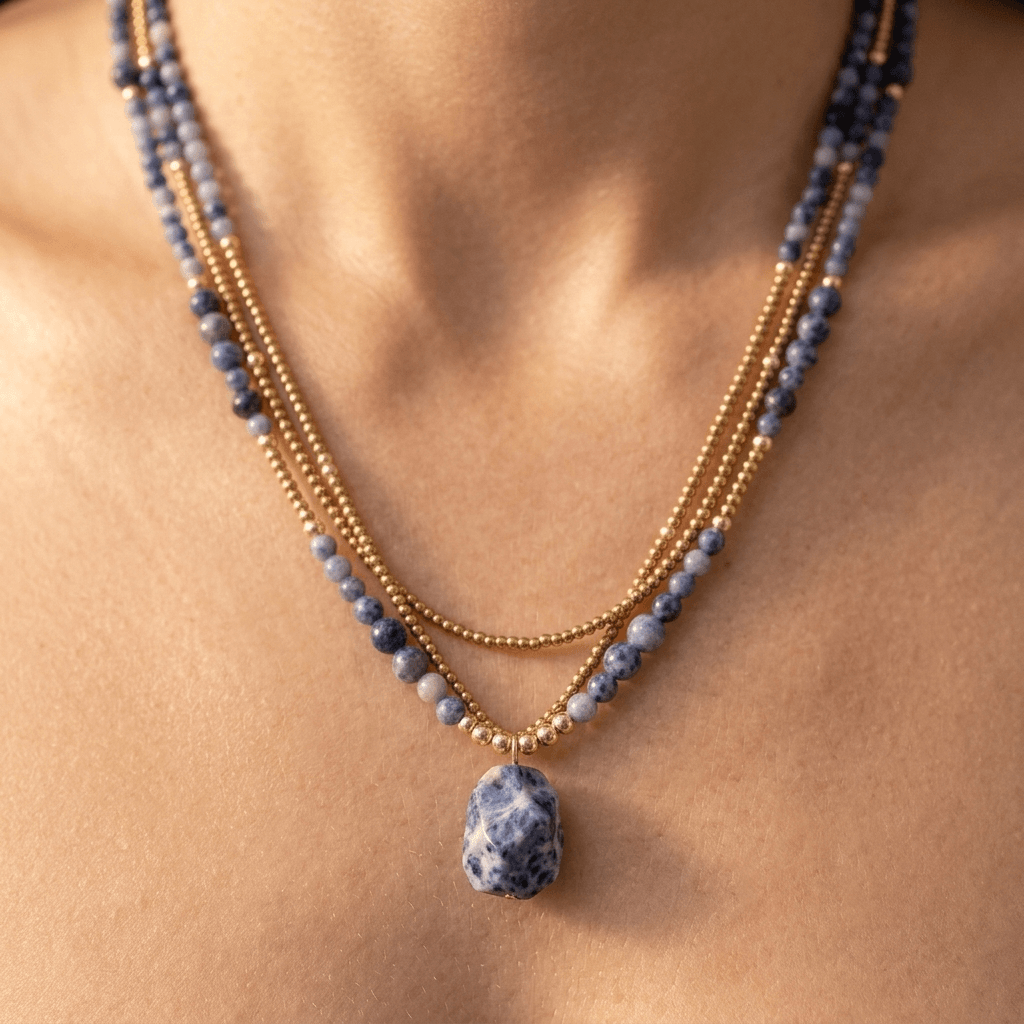 Blue Sodalite Gold Beaded Layered Necklace