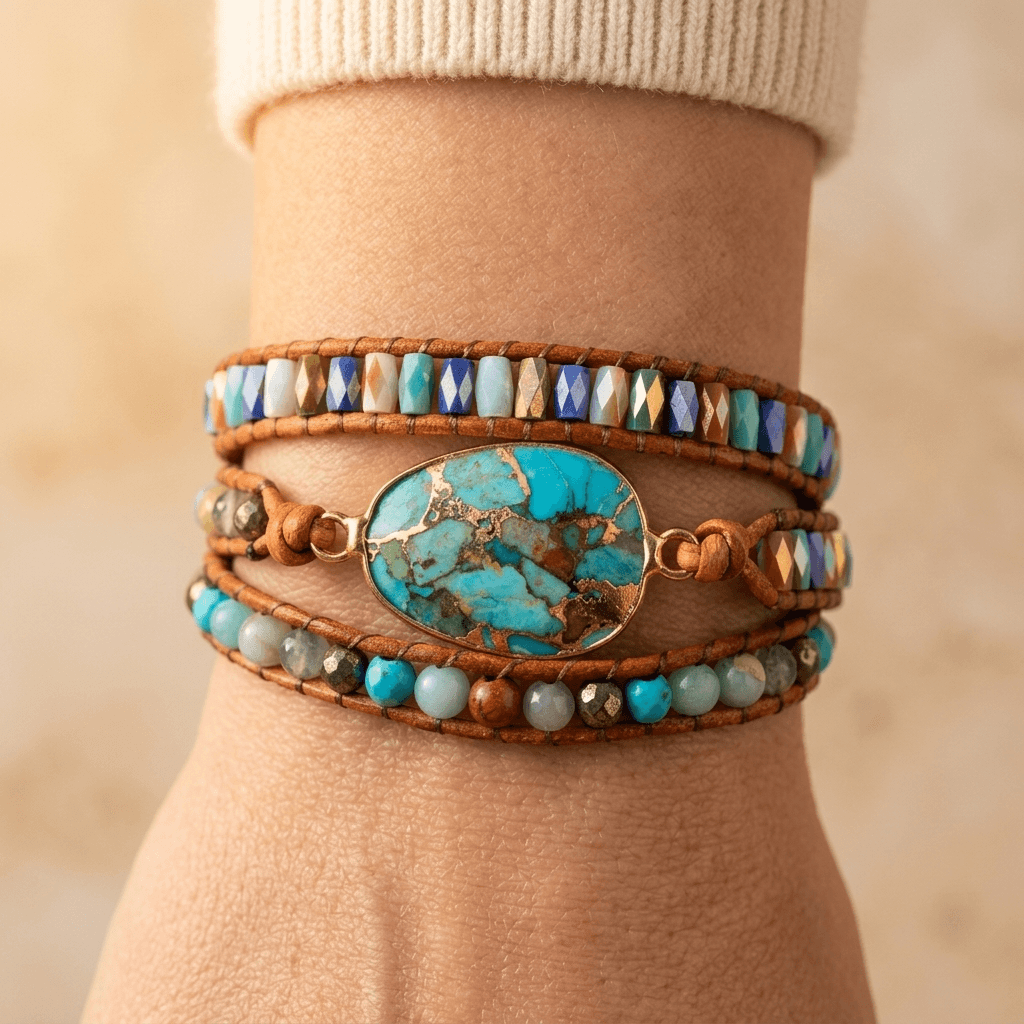 Turquoise Leather Wrap Beaded Bracelet