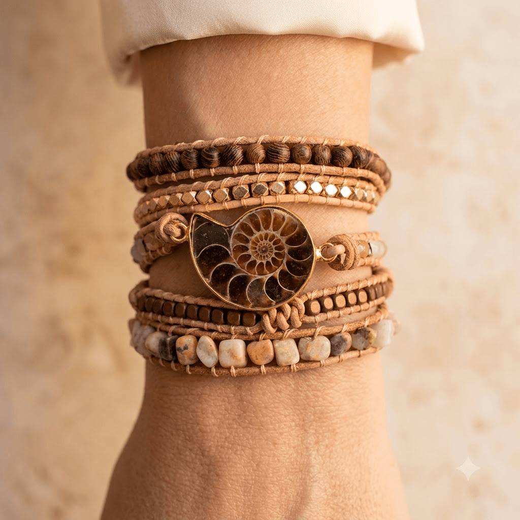 Natural Ammonite Fossil Leather Wrap Bracelet